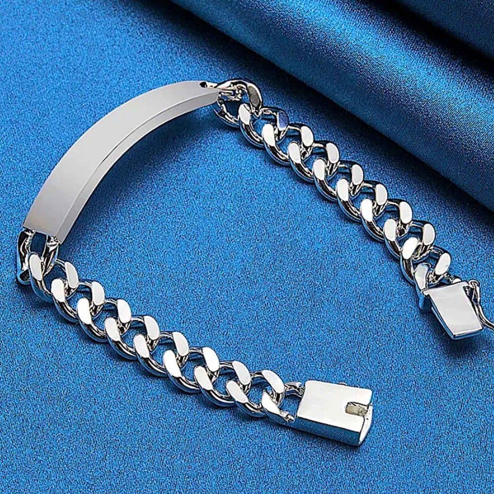 Unisex Sterling Silver 10mm Nameplate Bracelet Cuban Chain Link Sizes Vary - Picture 4 of 10